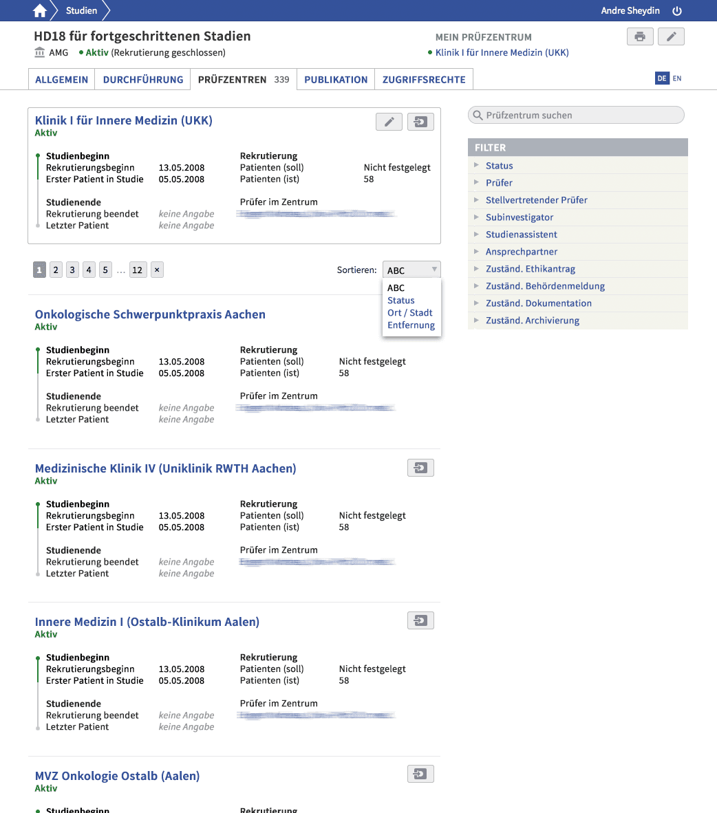 Clinical Site – Detailansicht