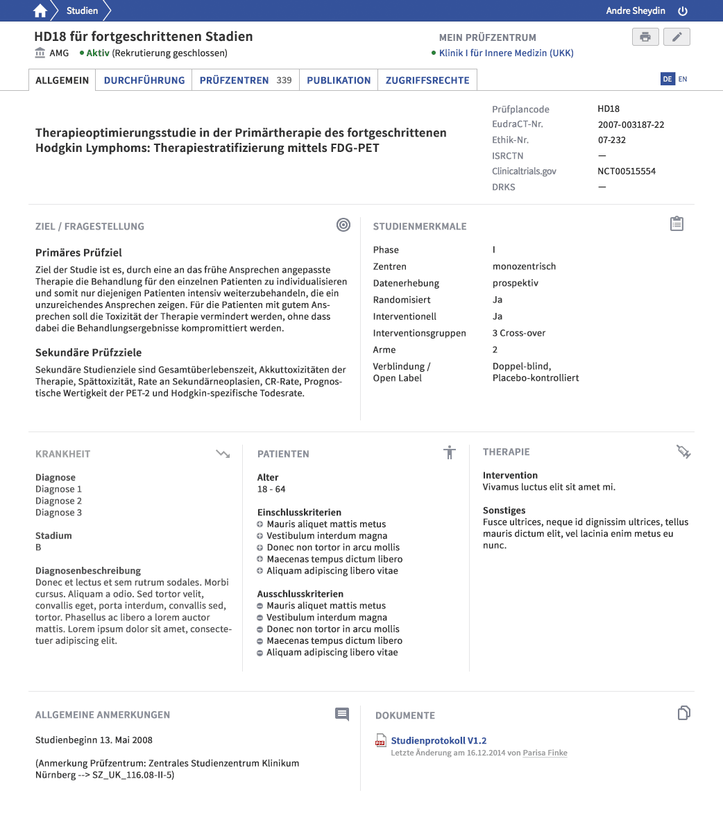 Clinical Site – Studiendatensatz