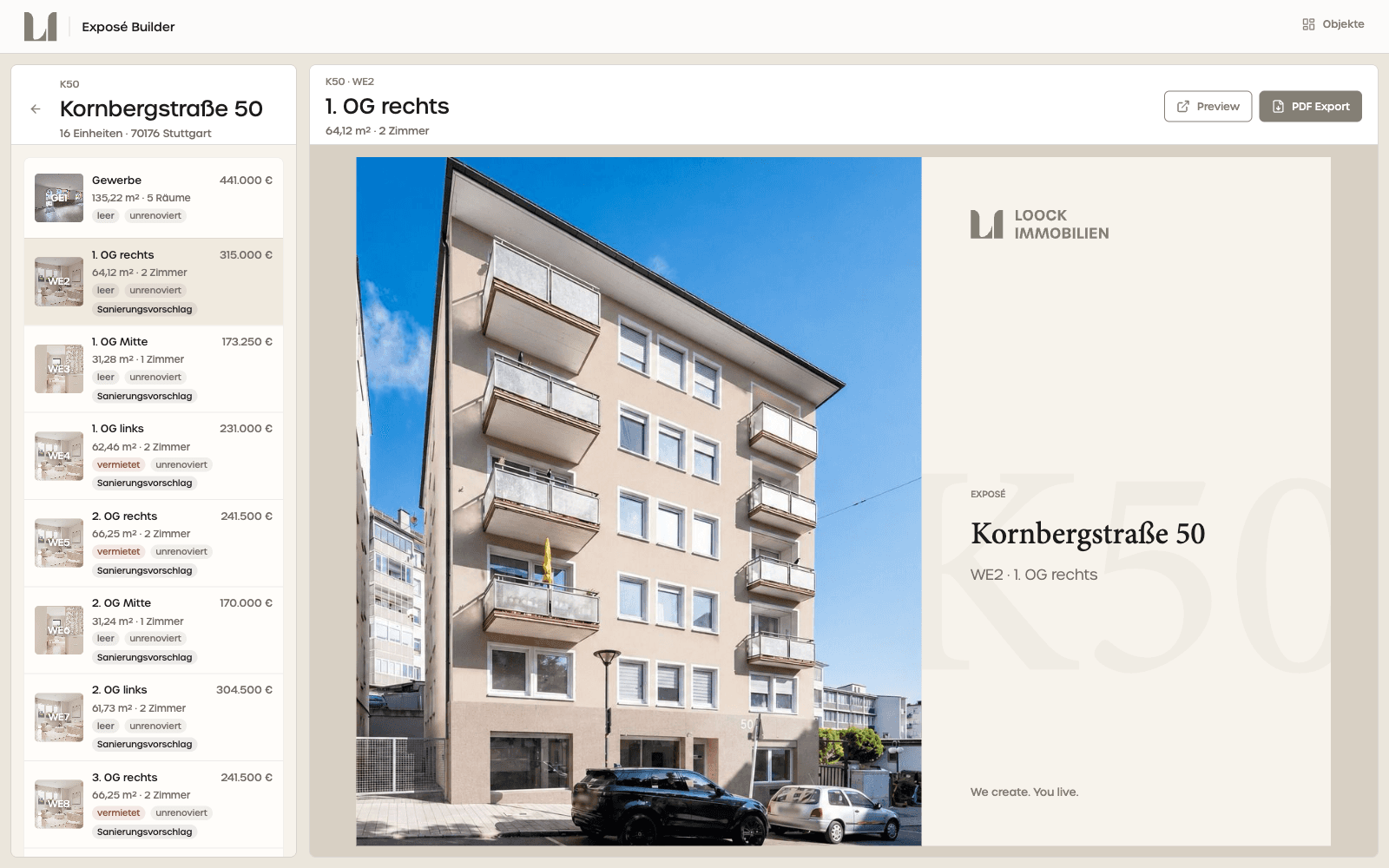 Exposé Builder für Loock Immobilien – Einheiten und Live-Vorschau