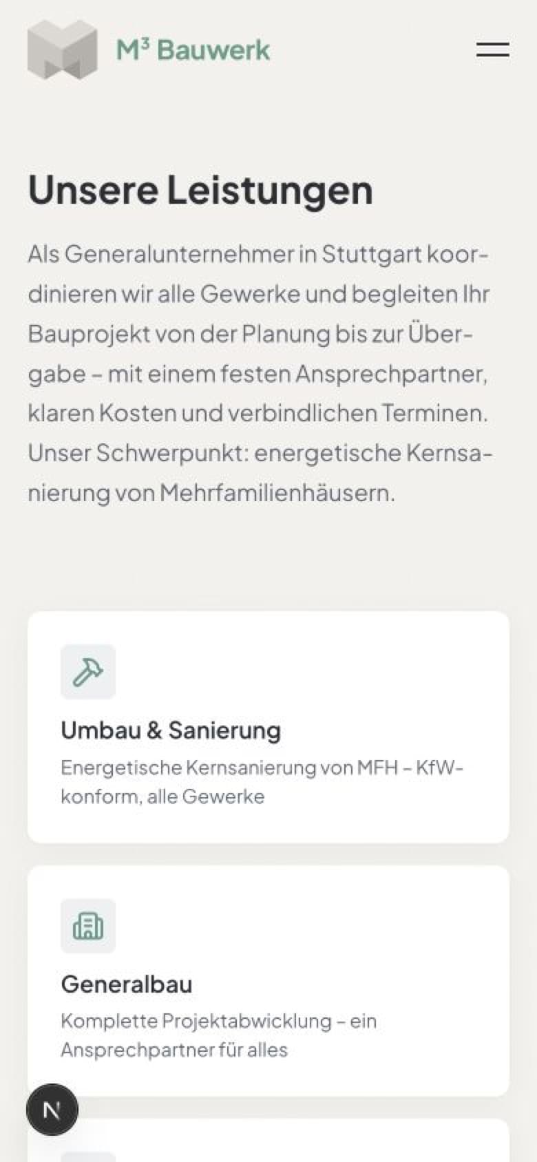 M³ Bauwerk – Leistungen Mobile